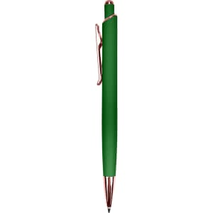 A green metal pen with a rose gold clip and tip. The pen features a sleek design and has a logo.