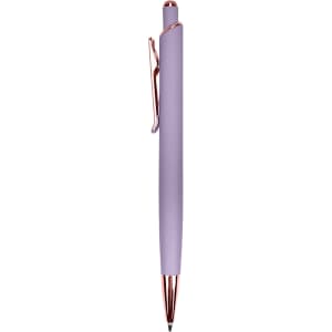 A metal pen in a soft lavender hue with a rose gold clip, featuring a sleek design and branding.