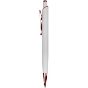 A white metal pen with a rose gold clip and tip, featuring a logo on the body.