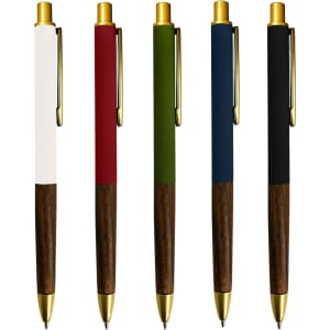 A collection of five Zavier Metal Pens in white, red, green, navy, and black with wooden accents and a logo.