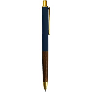 A metal pen featuring a navy blue barrel with a gold clip and a wooden detail. It has a logo on the barrel.