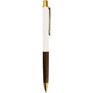 A metal pen with a white barrel and a wooden grip, featuring a gold clip and tip. It has a branding logo.