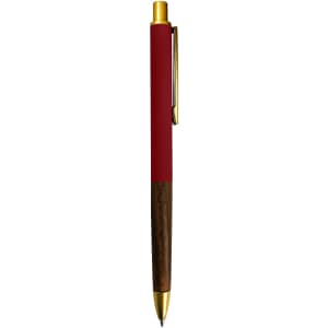 A metal pen featuring a red finish and a wooden accent, with a gold clip and tip.