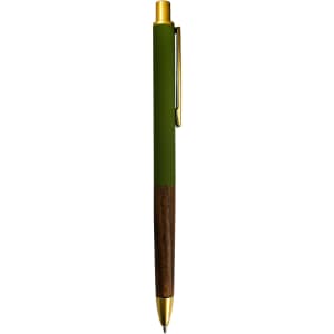 A metal pen featuring a green upper section and a brown wooden lower section, with a gold clip and tip.