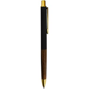 A metal pen featuring a black body and wooden accent, with a gold clip and tip. It includes a logo.