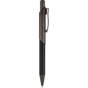 A metal pen with a sleek black and bronze design, featuring a clip and a pointed tip. It includes a logo.