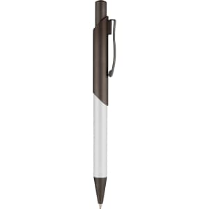A metal pen featuring a white body and dark brown accent with a clip and branding.