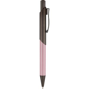 A metal pen with a pink barrel and a black clip, featuring a sleek design and a logo.