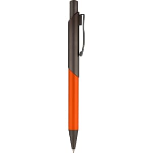 A metal pen featuring an orange body and a dark clip, with a branding logo on the side.