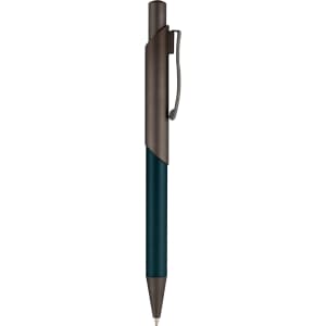 A sleek metal pen in navy and dark silver, featuring a clip and a contemporary design.