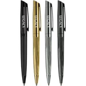 A collection of four metal pens in gold, silver, black, and charcoal, each featuring a branding logo.