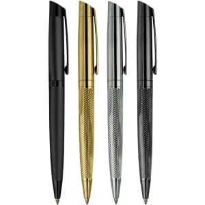A set of four metal pens in black, gold, silver, and gunmetal grey, each featuring a textured grip and clip.