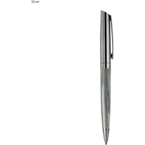A silver metal pen with a textured grip and a clip, featuring a sleek and modern design.