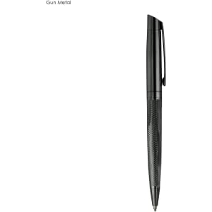 A sleek gun metal pen with a textured grip and a simple design, featuring a clip and branding.