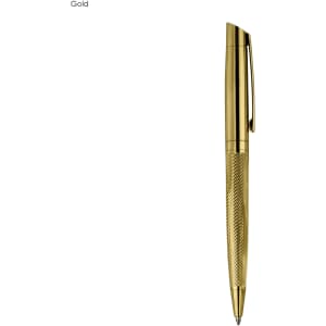 A gold metal pen with a textured grip and a polished finish, featuring a clip and a branding logo.