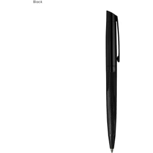 A sleek black metal pen with a textured grip and a clip for easy attachment. Features a minimalist design.