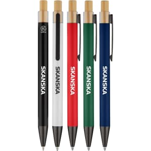 A set of five Sio Metal Pens in black, white, red, green, and blue, featuring a bamboo top and branding.