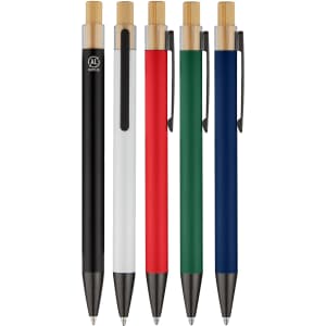 A collection of five metal pens in black, white, red, green, and blue, each with a bamboo accent and clip.