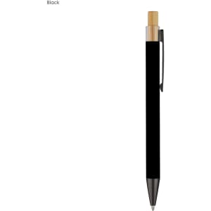 A black metal pen with a natural wood top and a metal clip, featuring a logo.