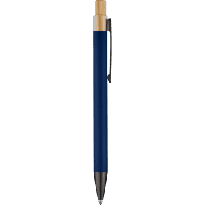 A metal pen with a navy blue body and a gold top, featuring a clip for attachment. It has a branding logo.
