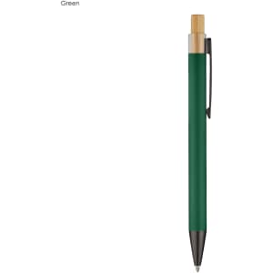 A green metal pen with a wooden clip and silver accents. The pen features a branding logo.
