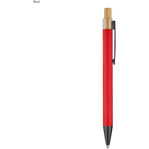 A red metal pen with a wooden clip and silver accents, featuring a logo on the barrel.