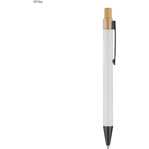 A white metal pen featuring a bamboo top and a black clip. The pen has a sleek, modern design.