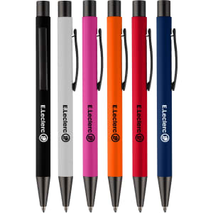 A set of six Camberwell Metal Pens in black, white, pink, orange, blue, and navy, featuring branding on each pen.