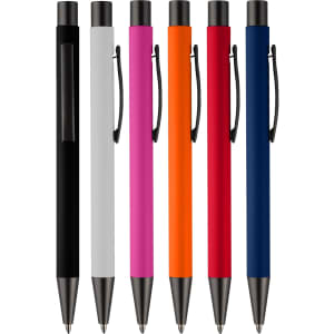 A set of six Camberwell metal pens in black, white, pink, orange, red, and navy. Each features a clip and sleek design.