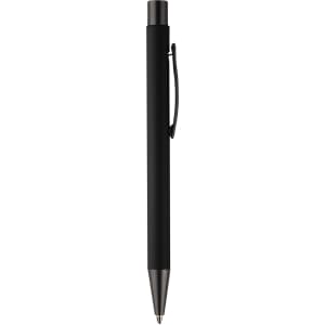 A black metal pen with a sleek design and a clip for attachment.