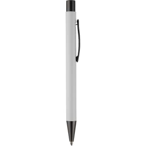 A metal pen in white with a black clip and tip, featuring a simple and sleek design.