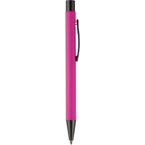 A pink metal pen with a black clip and tip, featuring a simple design and a logo on the barrel.