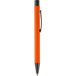 An orange metal pen with a black clip and a silver tip, featuring a logo.