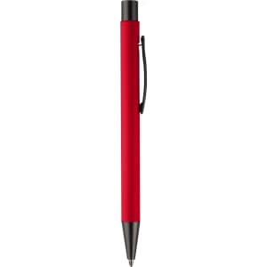 A red metal pen with a black clip and tip, featuring a simple design.