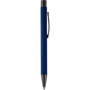 A blue metal pen with a black clip and silver tip, featuring a sleek design and a branding logo.