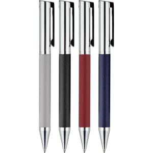 A set of four Geneva Metal Pens in grey, black, red, and navy, featuring a textured grip and chrome accents.