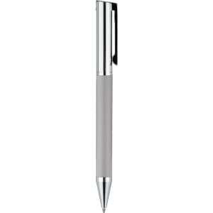 A silver metal pen with a textured grip and a clip, featuring a logo on the barrel.