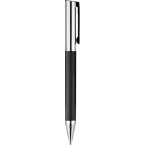 A metal pen with a black textured grip and chrome accents, featuring a clip for easy attachment.
