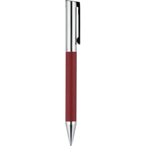 A red metal pen with a textured grip and silver accents, featuring a clip and branding.