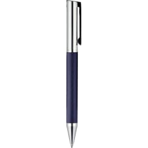 A navy metal pen with chrome accents and a textured grip, featuring a branding logo.