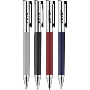 Four Geneva Metal Pens in grey, black, red, and blue, featuring sleek designs and a branding logo.