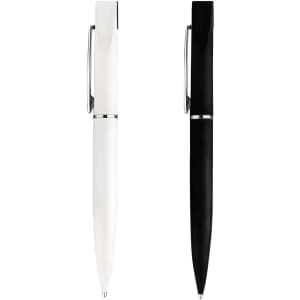A pair of pens in matte black and matte white, each featuring a silver clip and a sleek design.