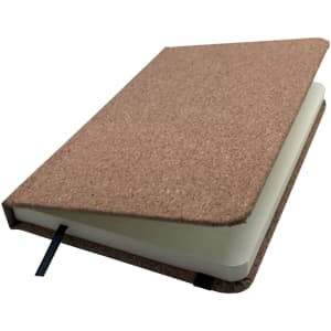 A6 cork-covered notebook with a soft texture, featuring blank pages and a ribbon bookmark in black.