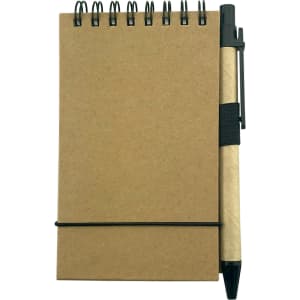 A brown spiral-bound notebook with a black elastic band and a pen attached to the side.
