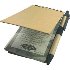 A brown stone paper notebook with a spiral binding and a black pen attached. The notebook has a plain cover.