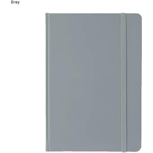 A5 PU notebook in grey with an elastic band closure and a smooth cover. Includes a logo on the design.