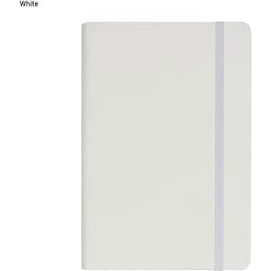 A5 PU notebook in white with an elastic closure and a smooth cover, featuring a logo.