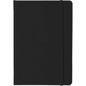 A5 PU notebook in black, featuring a soft cover and an elastic band closure. Includes a logo on the front.