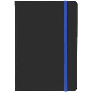 A5 PU notebook in black with a blue elastic band. Features a smooth cover and includes a logo.