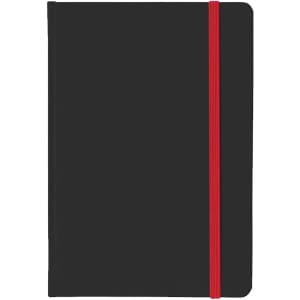 A5 PU notebook in black with a red elastic band closure, featuring a logo on the cover.